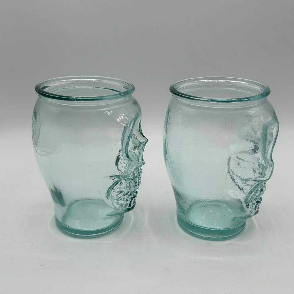 Set of 2 Recycled Aqua Blue Glass Skull Tumblers Gothic Halloween Barware Party